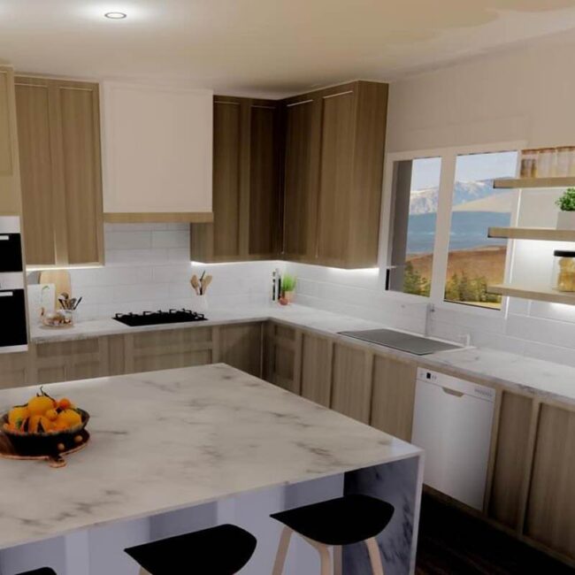 KB Interior Design Work: Interior design 3D model showcasing custom millwork, cabinetry, and space planning layout