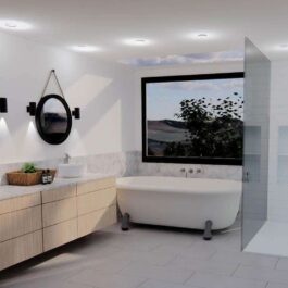 KB Interior Design Work: Realistic 3D interior design rendering of ensuite bathroom with natural light and textures