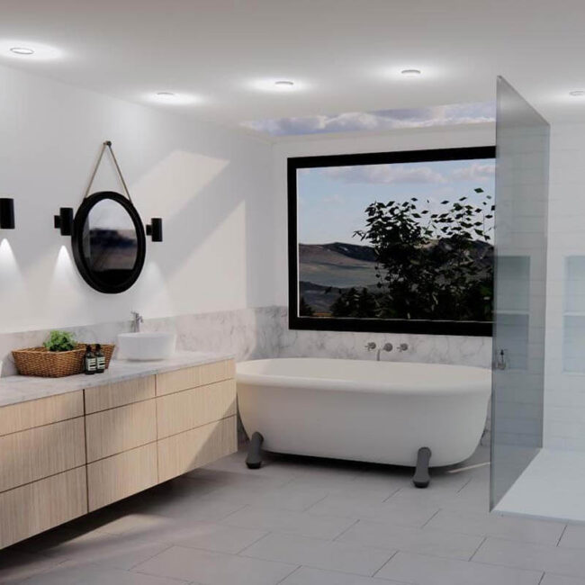 KB Interior Design Work: Realistic 3D interior design rendering of ensuite bathroom with natural light and textures